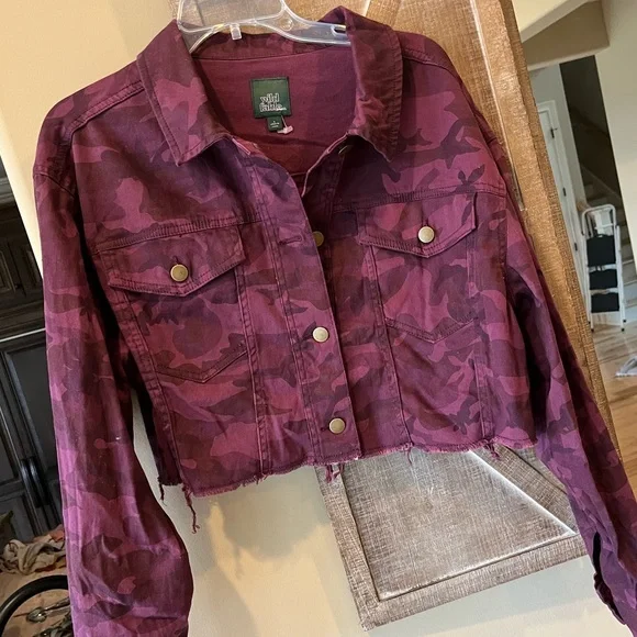 wild fable Jackets Coats Cropped Denim Jacket Burgundy Wine